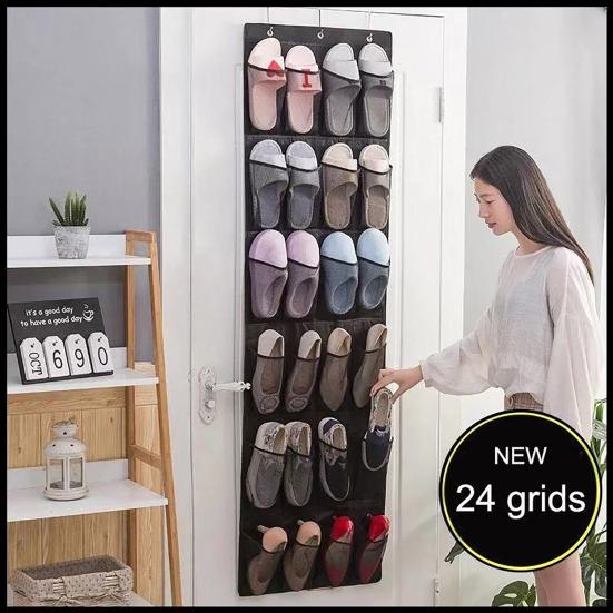Shoe Storage Bag Behind Door Hanging Large Capacity 24 Transparent Pockets Great Load Bearing Shoe Organizer Home Dorm Sundries Holder with 3 Hooks