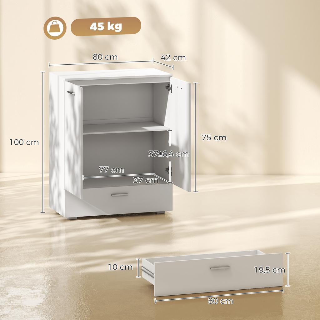 Modern Sideboard, Freestanding Storage Cabinet with Drawer and Adjustable Shelf, White
