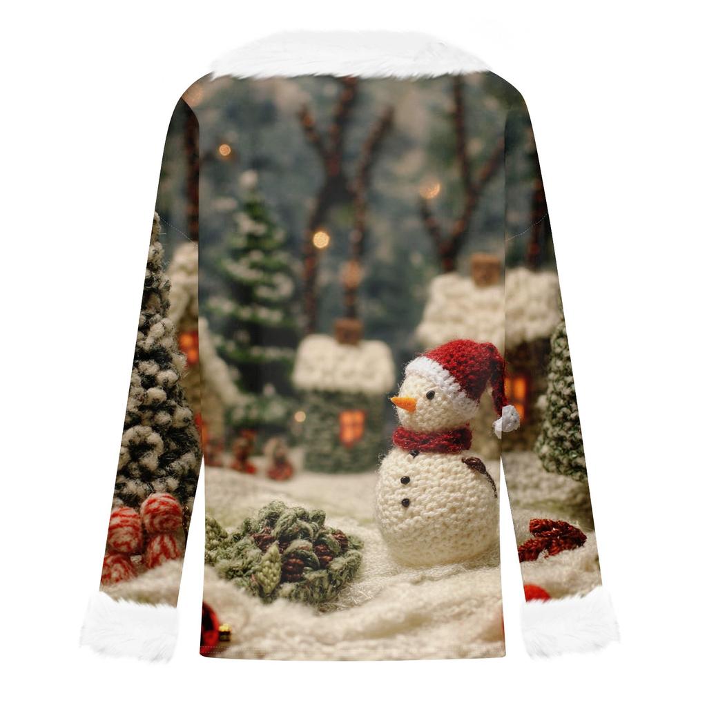 Женский модный повседневный топ с V-образным вырезом и длинными рукавами, рождественским принтом и плюшевым воротником