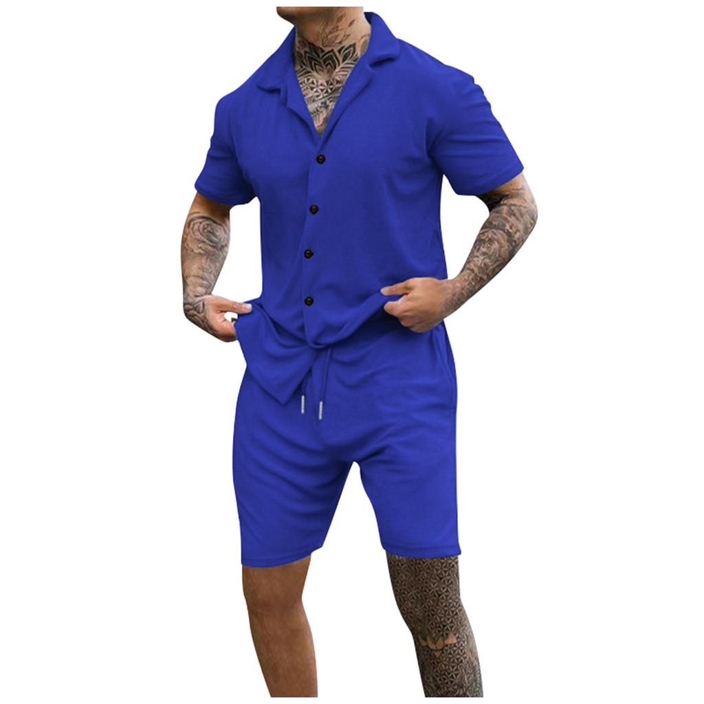 Summer Men's Solid Color Casual Suit Short Sleeved Button Shirt Loose Shorts Two-piece Set