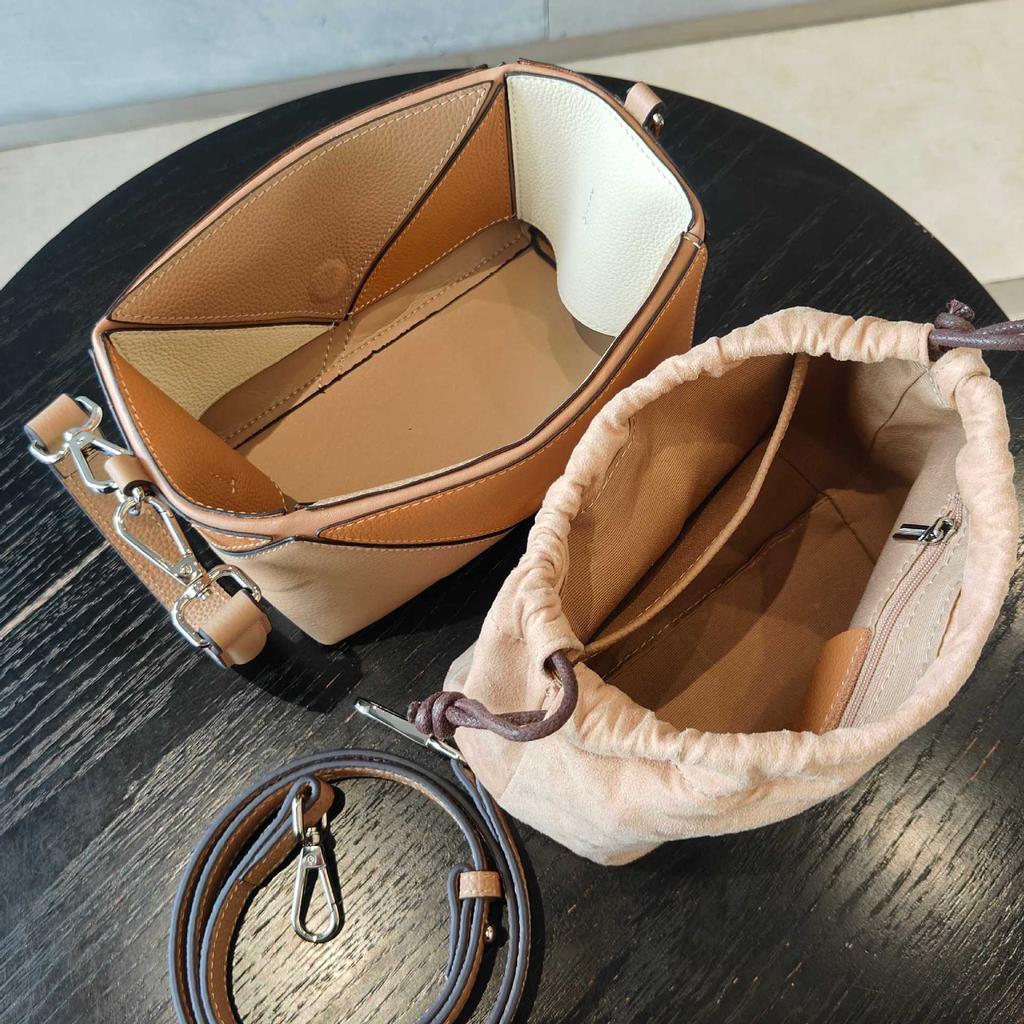 Кожаная нишевая сумка-ведро нового дизайна, сумка через плечо, мессенджер премиум-класса с геометрической вставкой, женская сумка для通勤