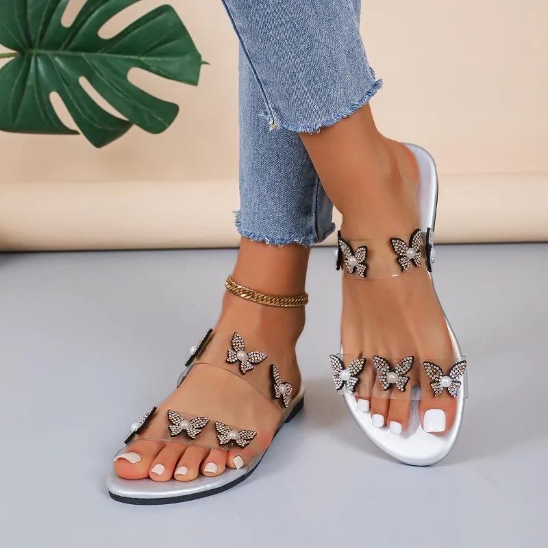 Модная обувь бренда 2024 года для женщин, женские тапочки больших размеров, модные повседневные тапочки с кристаллами, женские новые сандалии на плоской подошве с открытым носком и бисером