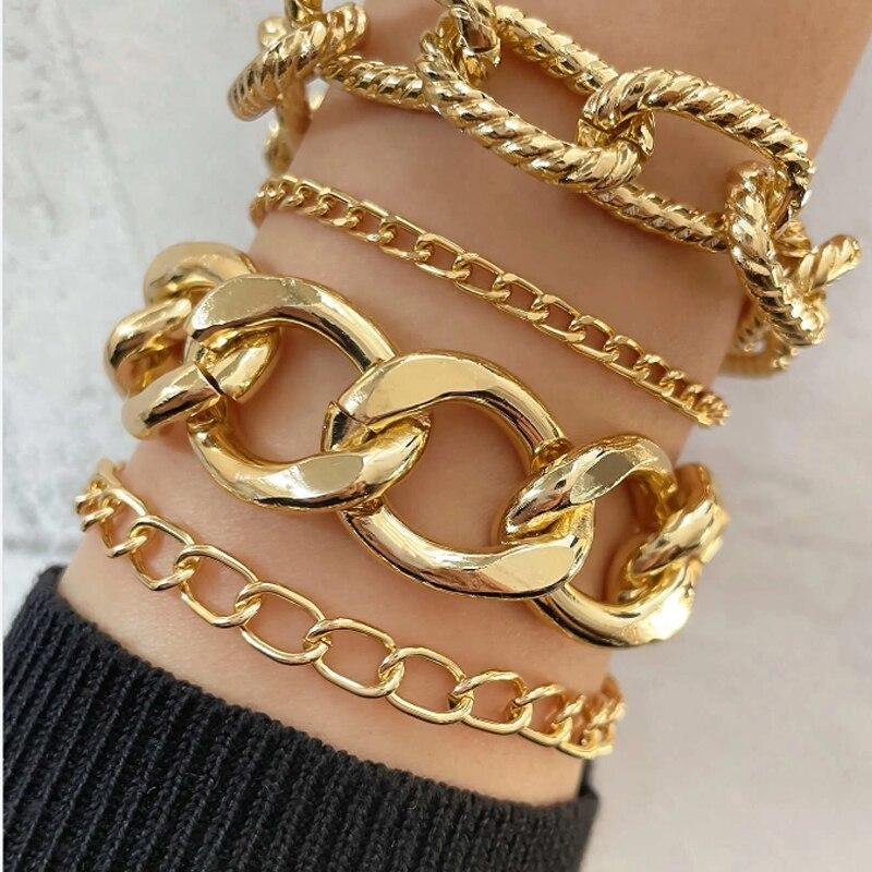 4 PCS Gold Color Chain Link Chain Bracelet Set Ins Style Women Boho Thick Cuban Chain Bangles Trendy Jewelry Set Gift Items
