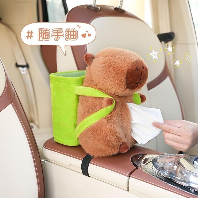 Capybara Plush Cartoon Car Tissue Box Trash Bin Armrest Storage
