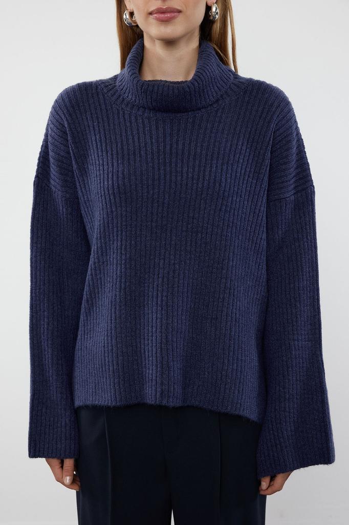 Женский модный стильный свитер, темно-синий широкий крой, мягкий текстурированный трикотажный свитер