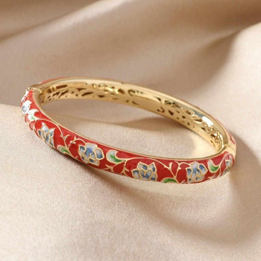 Peony Floral Vintage Cloisonne Bangle Enamel Women's Hand Bracelet  Ladies