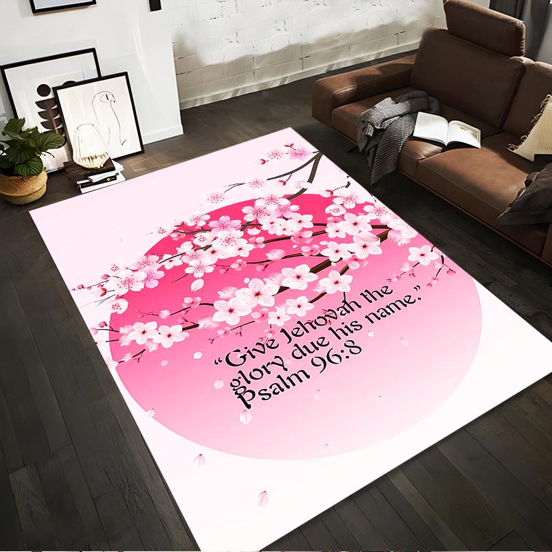Cherry Blossom Design with Inspirational Quote Non-slip rug suitable for living room and bedroom sofas.