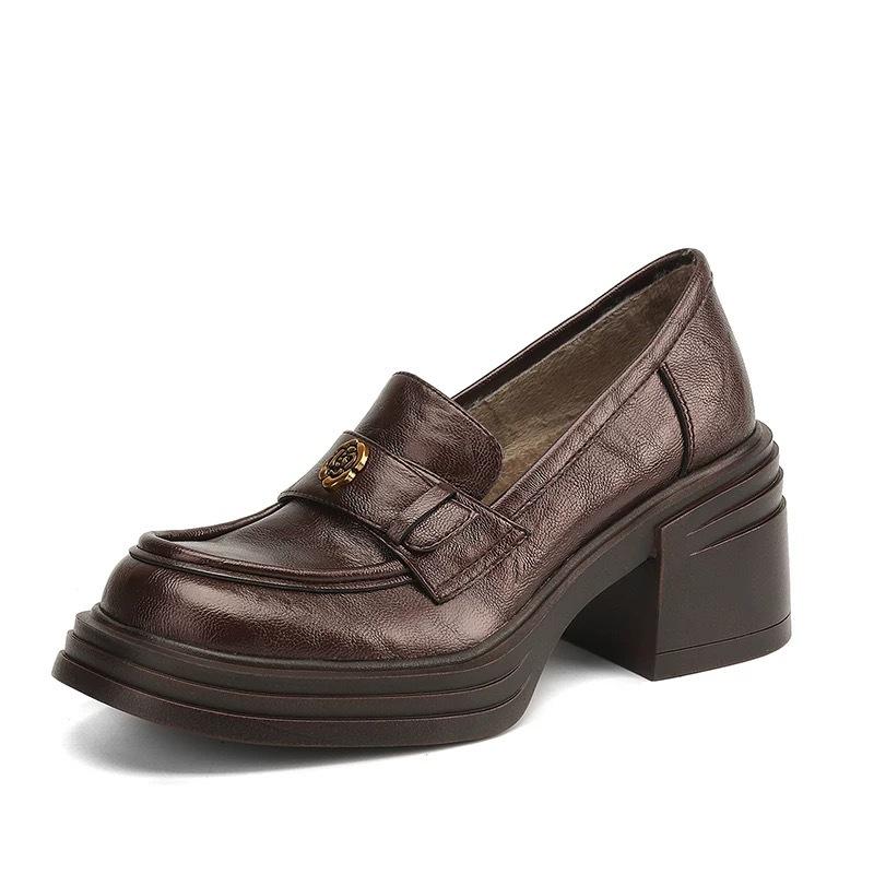 Small Soft Leather Thick-soled Loafers for Women's 2025 Autumn and Winter New Camellia Small Leather Shoes with Fleece and Height-increasing Sin