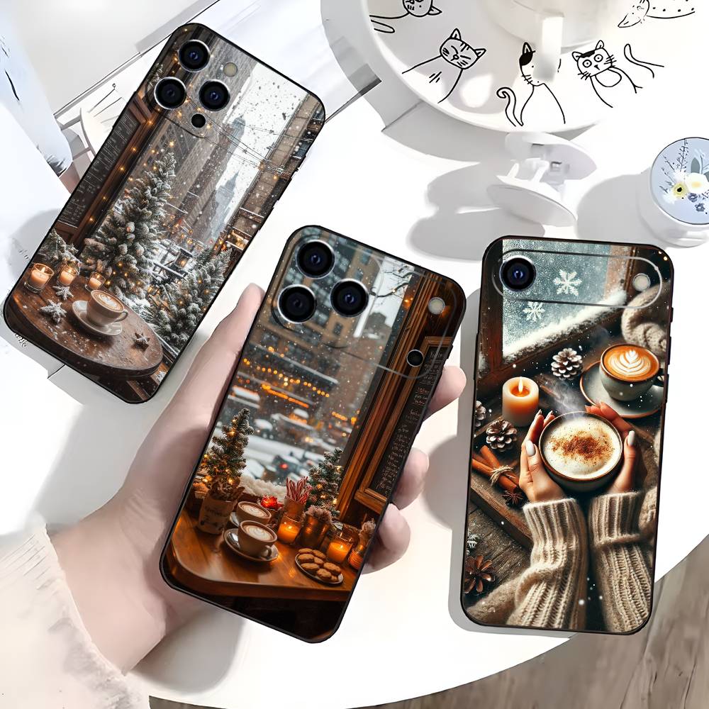 Рождественский Арт зимний Кофе Чехол для телефона Для IPhone 17,16,15,14,13,12,11,Plus,Pro,Max,Plus,XS,мягкий чехол Черный силикон