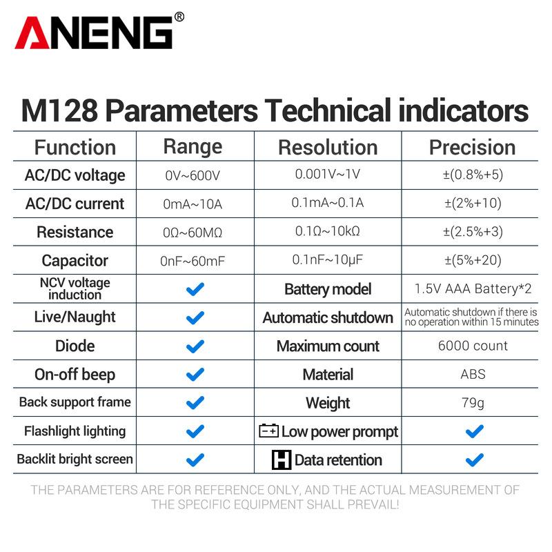 ANENG M128 Multi functional Portable Multimeter 6000 Count Backlit Screen Flashlight On/Off Beep General Electrician Multimeter