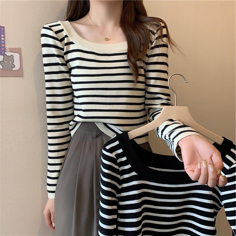 Knitted sweater women's new autumn exposed collarbone striped chic gentle long-sleeved sweater with bottoming shirt top