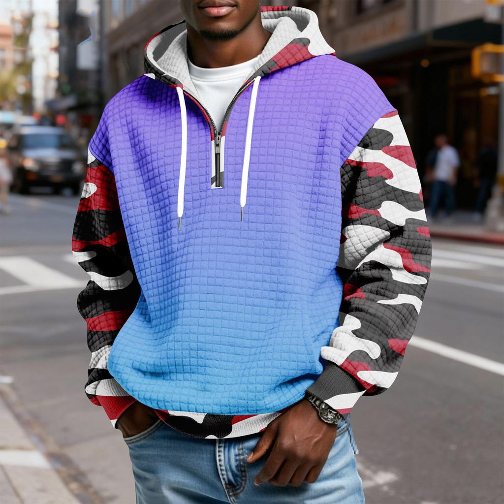 Мужской худи-пуловер в клетку с капюшоном на молнии до середины, со шнурком и принтом, повседневная спортивная толстовка