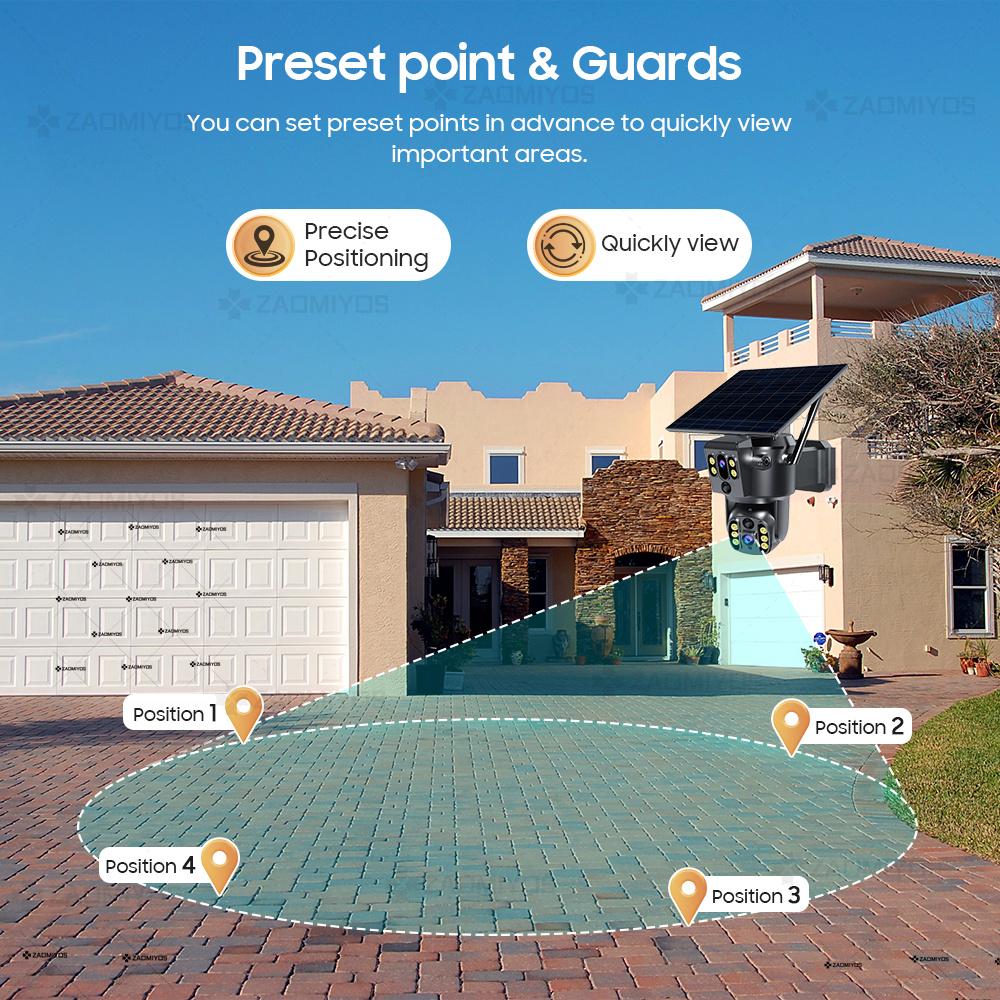 4G SIM-карта, солнечная, двойной объектив/вид 4K WIFI, беспроводная IP-камера PTZ, наружная, PIR-обнаружение, безопасность, ночное видение, наблюдение