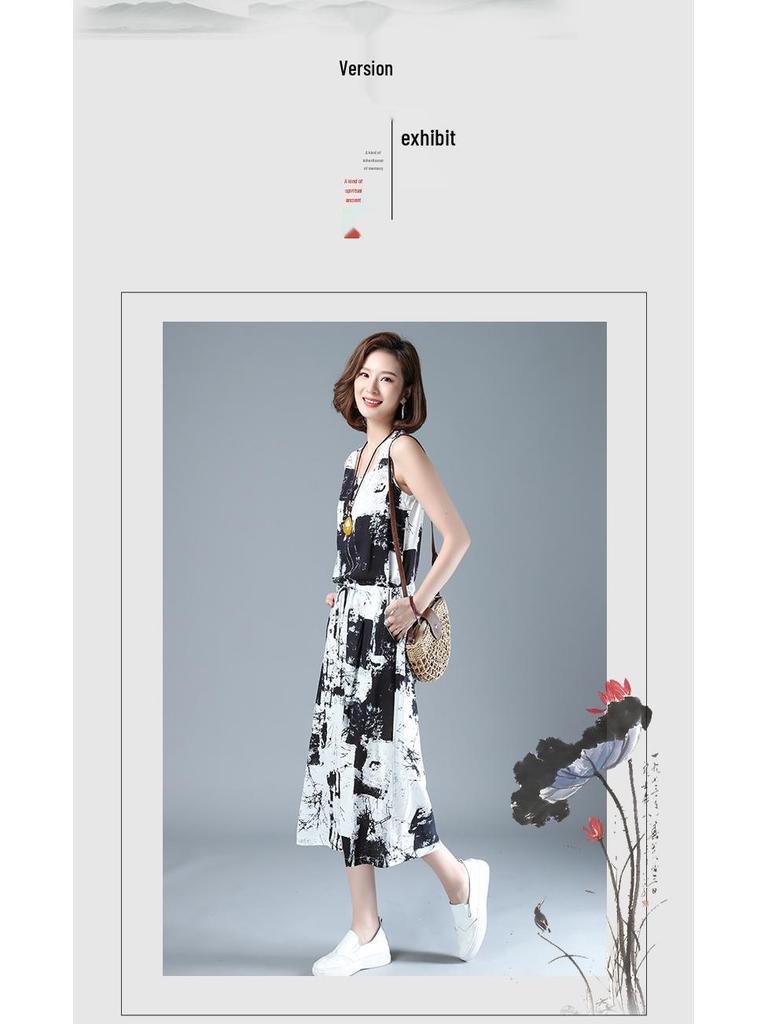 Женский летний костюм-двойка из хлопка и льна с шалью с принтом тушью, 2025