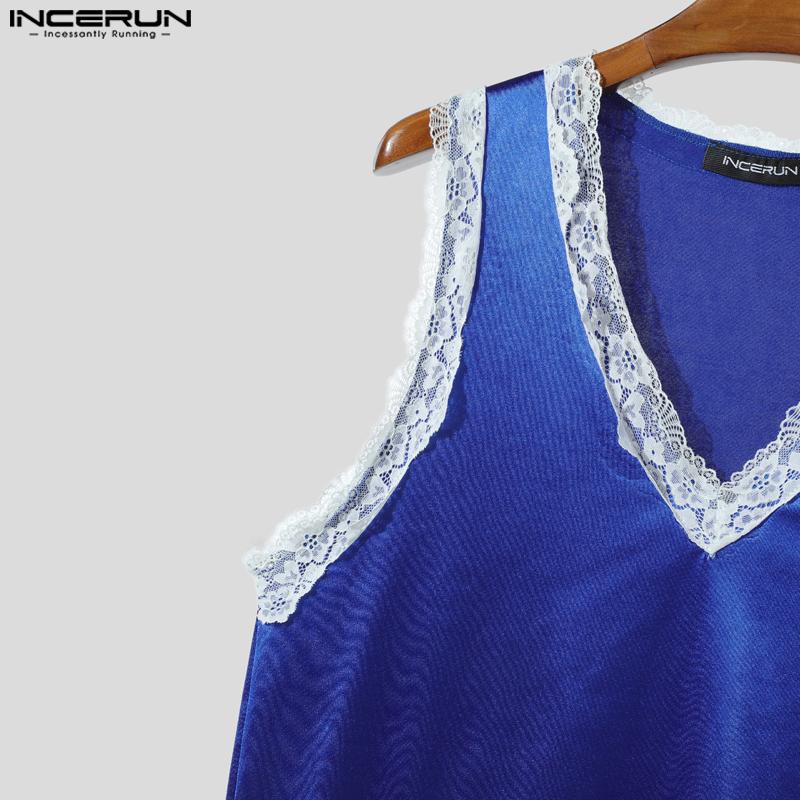 INCERUN Men V Neck Sleeveless Lace Hem Letter Casual Tank Tops Undershirts