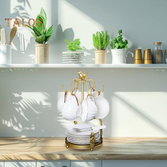 Подставка для чашки с 6 крючками, подставка для чашки и блюдца, стойка для хранения чашек с просторным основанием для кофейных чашек, чайных чашек, креативный декор и органайзер для