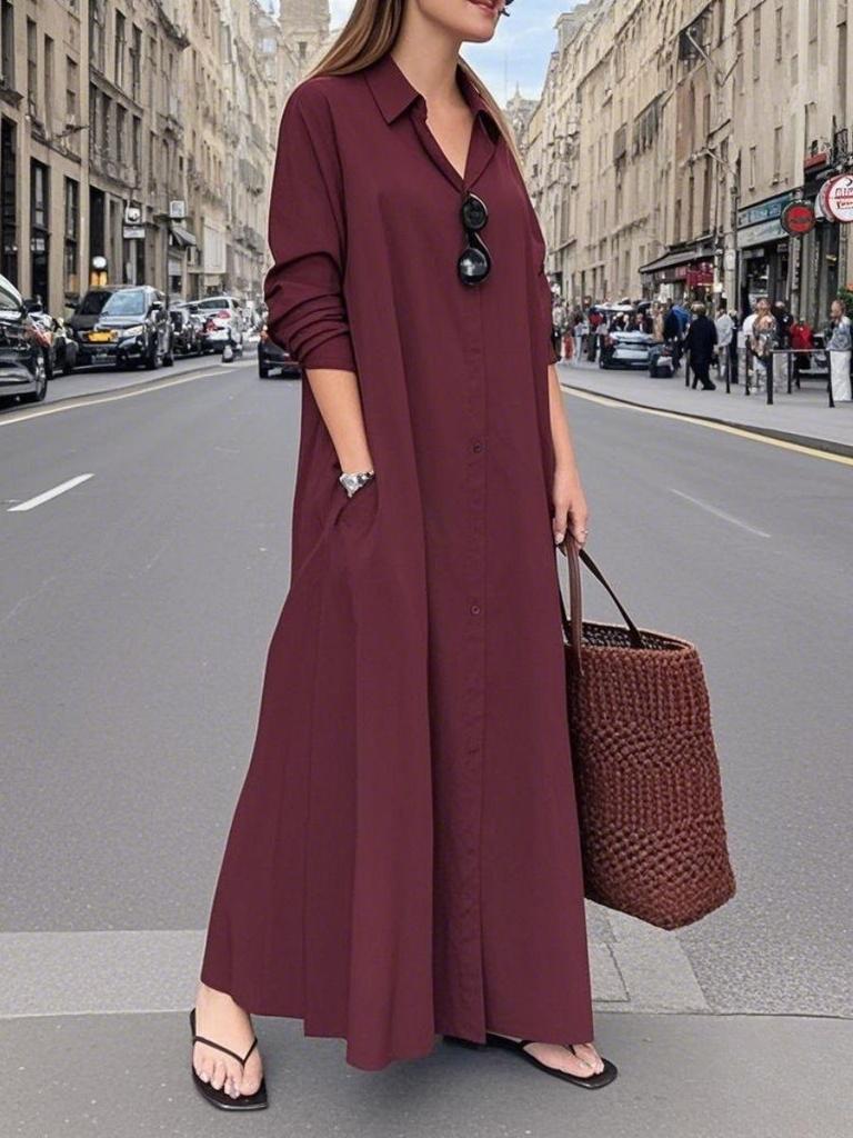 Женские свободные повседневные длинные платья-рубашки с лацканами и длинными рукавами
