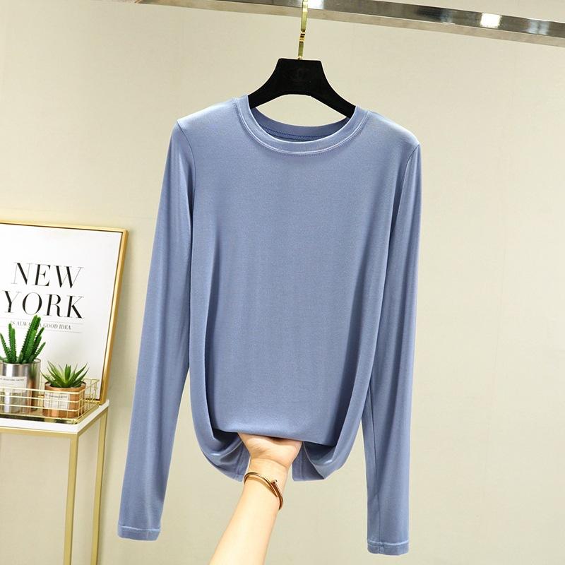 Модальная однотонная базовая футболка с круглым вырезом и длинными рукавами, женские осенние футболки, универсальные футболки, майка больших размеров