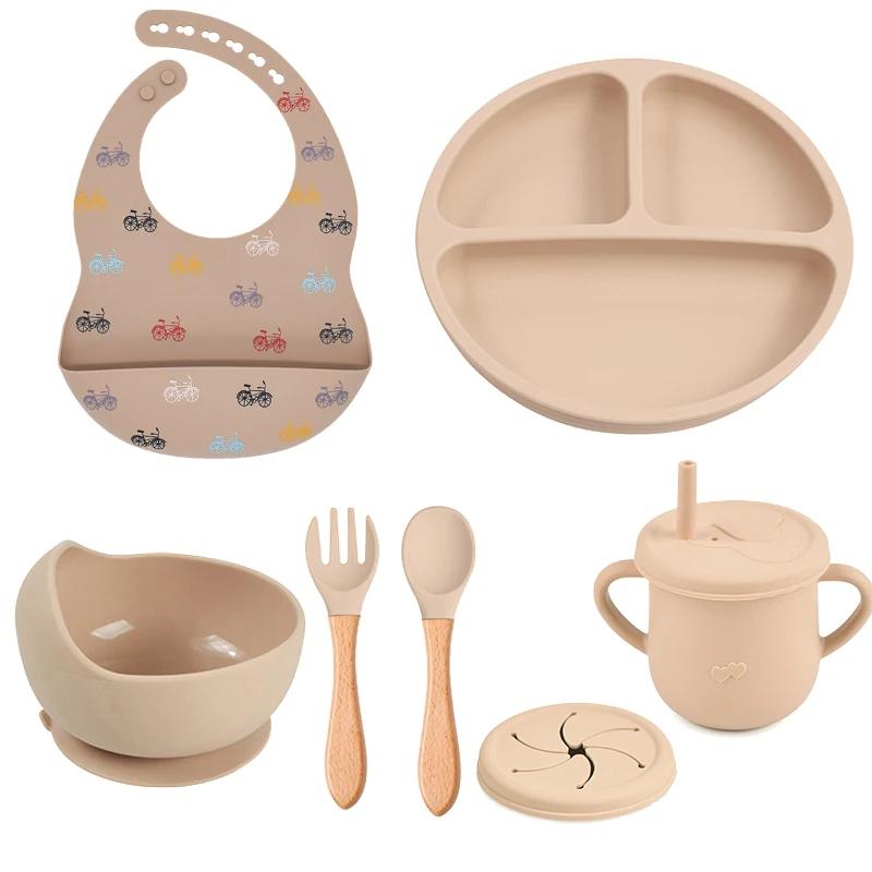 7PCS Baby Solid Silicone Tableware Set with Divided Baby Plates Feeding Bowls Straw Cup and Spoon for Toddler Training BPA Free