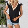 Летняя женская футболка, модные темпераментные элегантные топы без рукавов с v-образным вырезом и цветными блоками