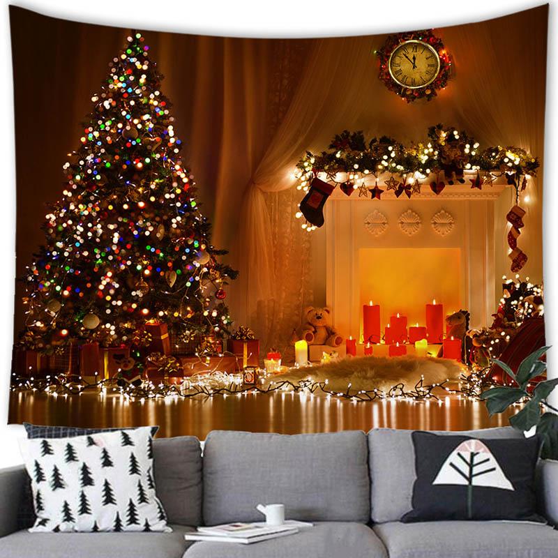 Merry Christmas Christmas Tree Fireplace Printed Pattern Tapestry Home Living Room Bedroom Background Wall Decoration Tapestry