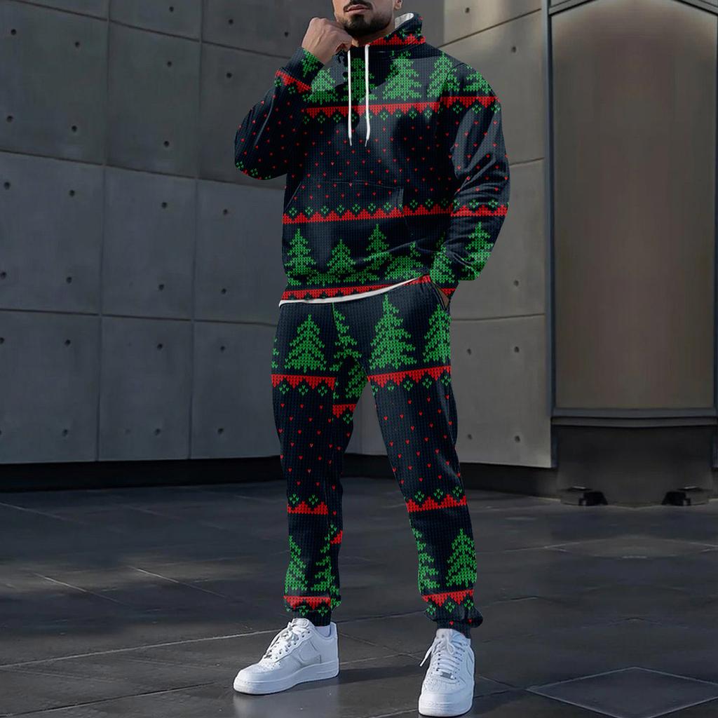 Мужские зимние рождественские принты с длинным рукавом толстовки с капюшоном толстовка брюки костюм