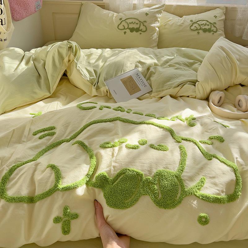 Cartoon Animal Embroidery Bedding Set For Adults Kids Cute Flat Fitted Sheet With Pillowcases Washed Cotton Colorful Full Size