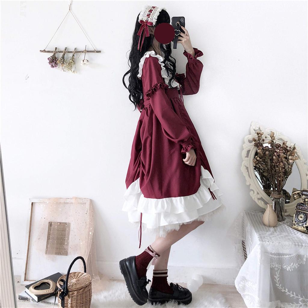 Lolita Long Sleeve Lolita Dress Cosplay Gothic Lolita Mori Girl Cute Girls Ruffles Lady Casual Wear Christmas Halloween Costume Lady Head Dress