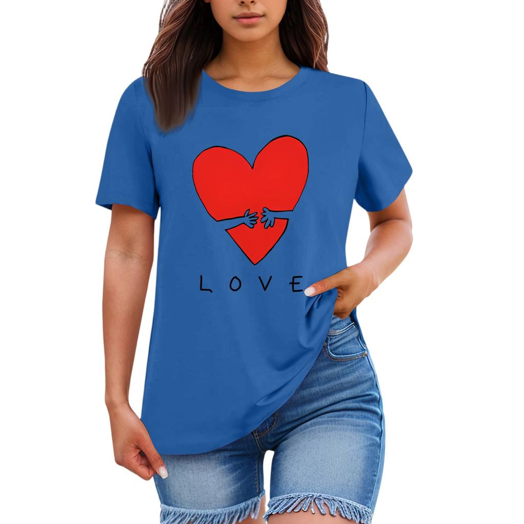 Ladies' Loose Comfortable Casual Fashionable Heart And LOVE Character Pattern Printed Round Neck Short Sleeved Shirt
