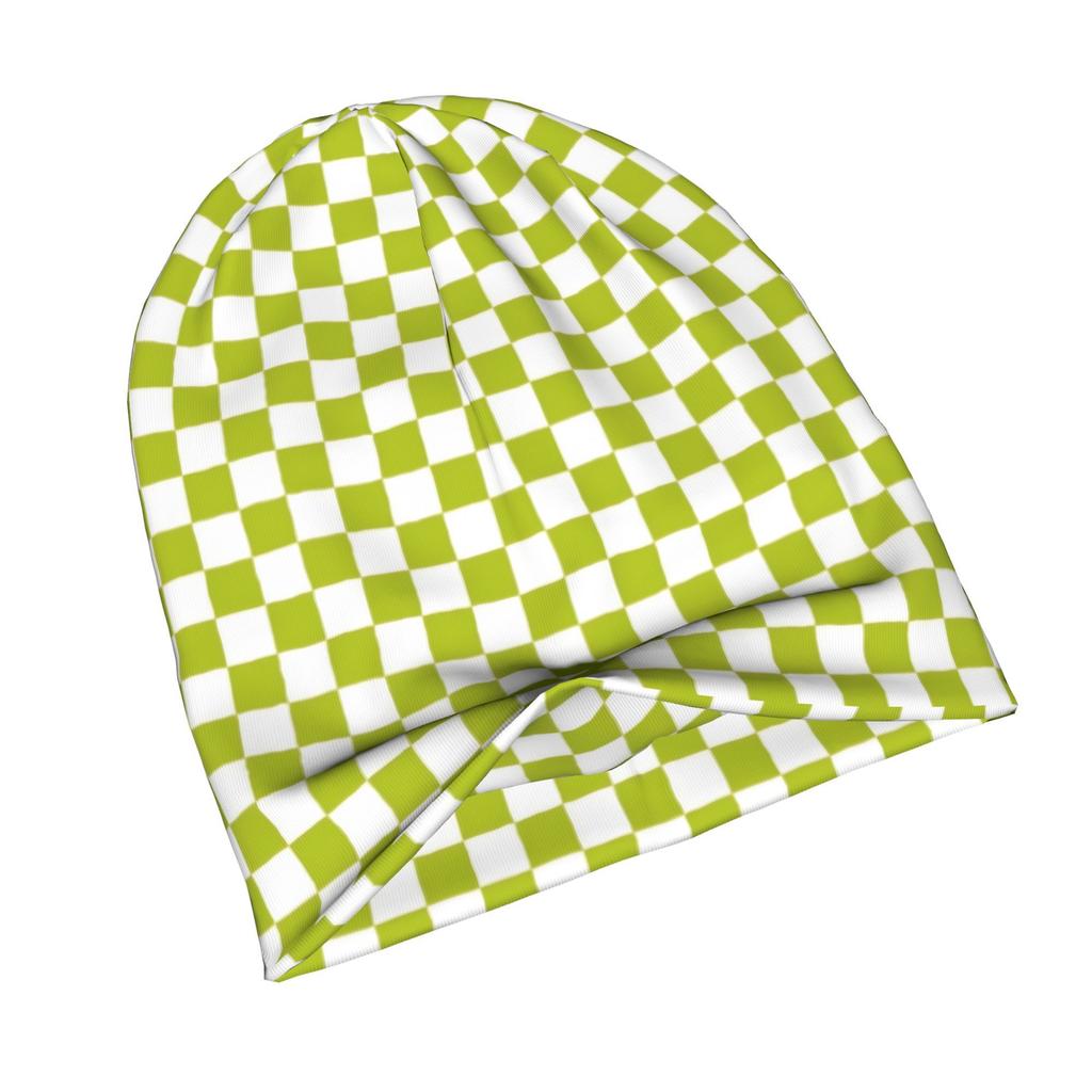 Acid Green Checkered Pattern Adult Fashion Beanie That Transitions Effortlessly from Morning Commutes to Evening Walks While Maintaining a Clean Urban