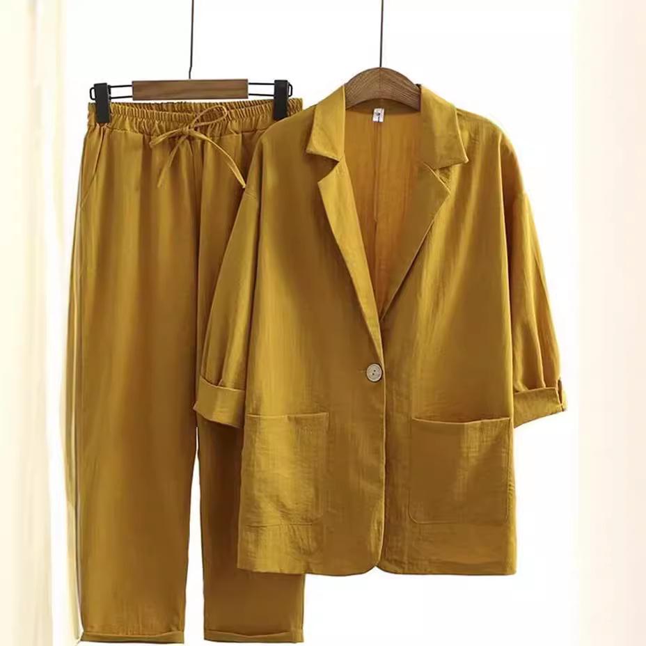 2024 European & American Women's Autumn Cotton-Linen Commuter Suit: Loose Jacket & Pants Set
