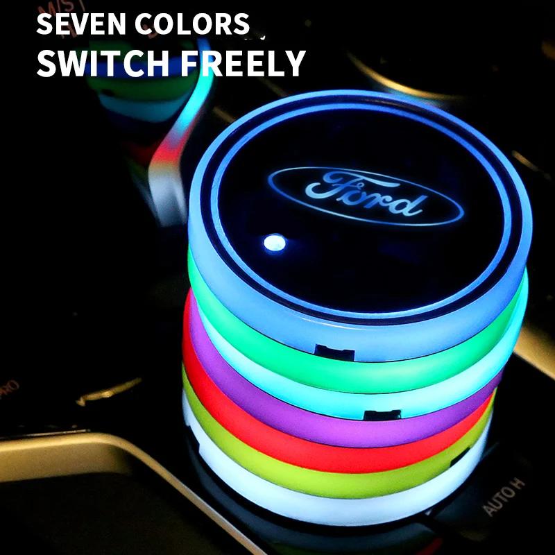 Car Sticker Colorful Universal LED Car Cup Holder RGB Light Mat Pad For Ford Fiesta Ranger Fusion Mondeo Mustang Transit Auto Ac
