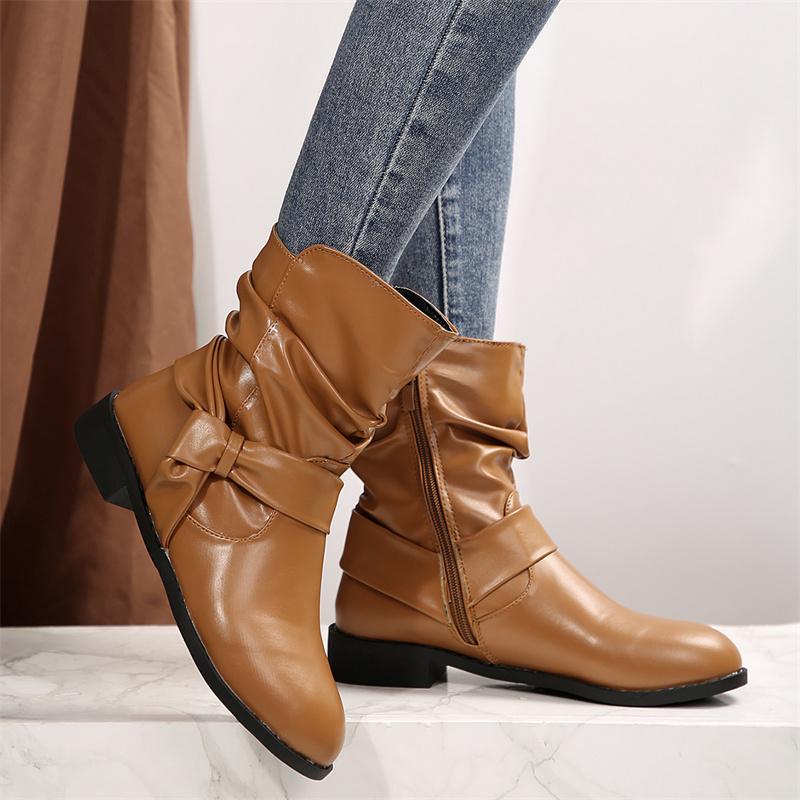 Зимние круглые носки квадратный каблук удобные молнии сексуальные складчатые модные короткие сапоги новые элегантные повседневные бархатные теплые женские туфли