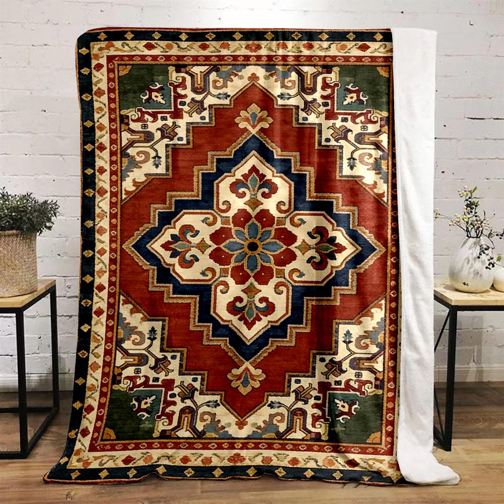 Geometric floral patterns in rich red and blue. Flannel blanket for bedroom, living room, sofa, and nap sofas.
