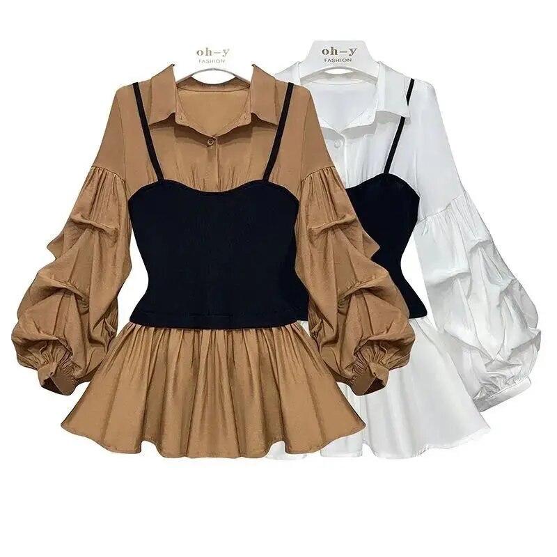 Casual and Elegant Waist Slimming Lantern Sleeve Splicing Fake Two-piece Shirt Top Lapel Matching Patchwork Shirt Fake Blouse