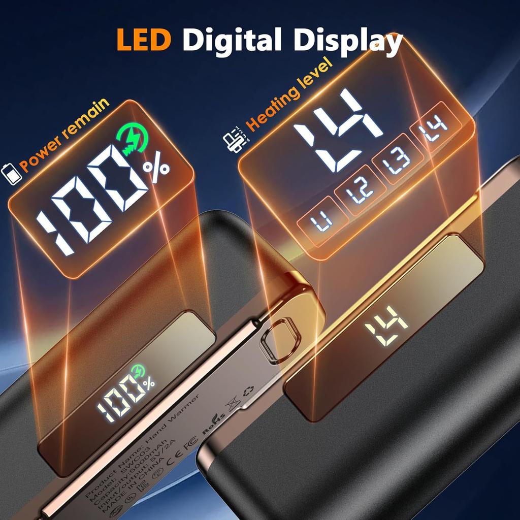 Rechargeable Hand Warmers 2 Pack, Magnetic Electric with LED, 4 Heat Levels up to 131°F, Portable Pocket Heater for Men & Women