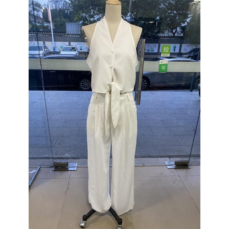 INDFS Women's Fashion Casual Summer Spring Solid Color Print Sleeveless V-Neck Blouses & Shirts Trousers Pants Suits