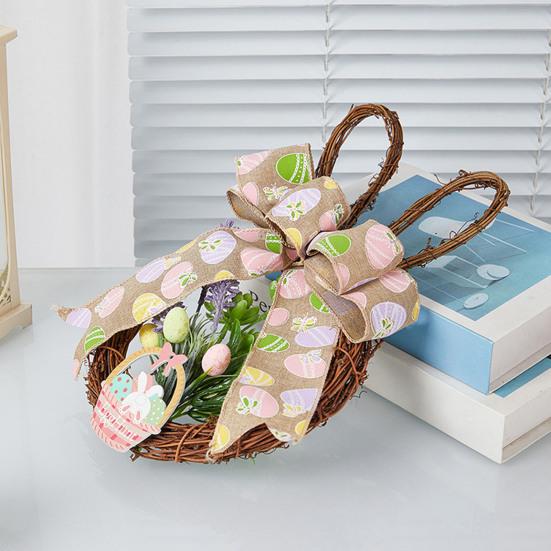 Венок пасхального кролика из ротанга, плетеный в форме кролика, венок с бантом, искусственная зелень для камина, двери, стены, окна, декор