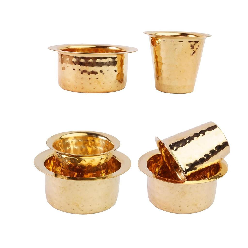 Латунная чашка для кофе Давара/Дабара и стакан для подачи фильтрованного кофе/чая/Традиционная кумбаконамовская дабара латунная дабара - | Кованая матовая - 150 мл (Набор из 4)