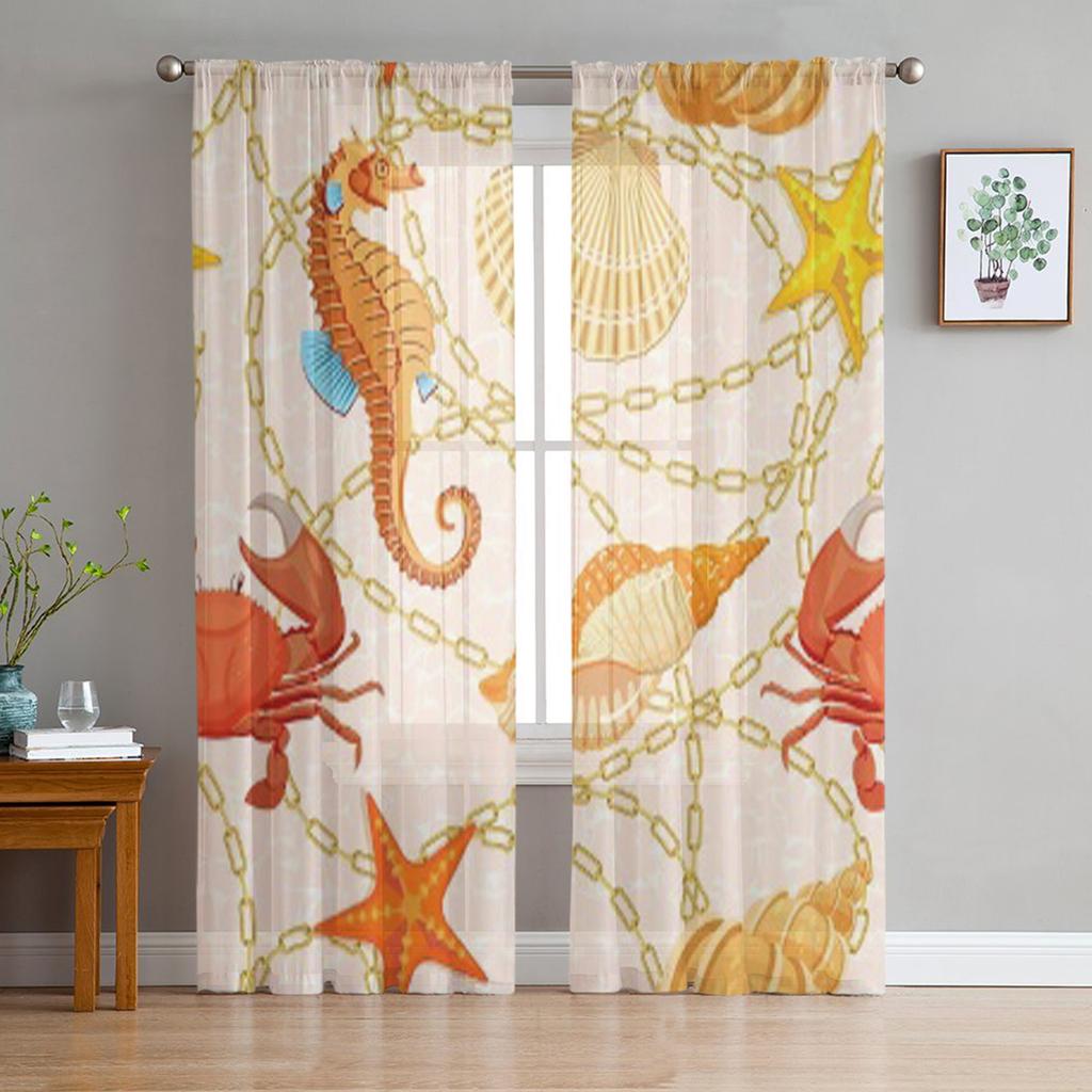 Загоны для рыб, ракушки, морские водоросли, морской конек, подводные шифоновые прозрачные шторы для гостиной, спальни, оконная вуаль, тюлевая занавеска