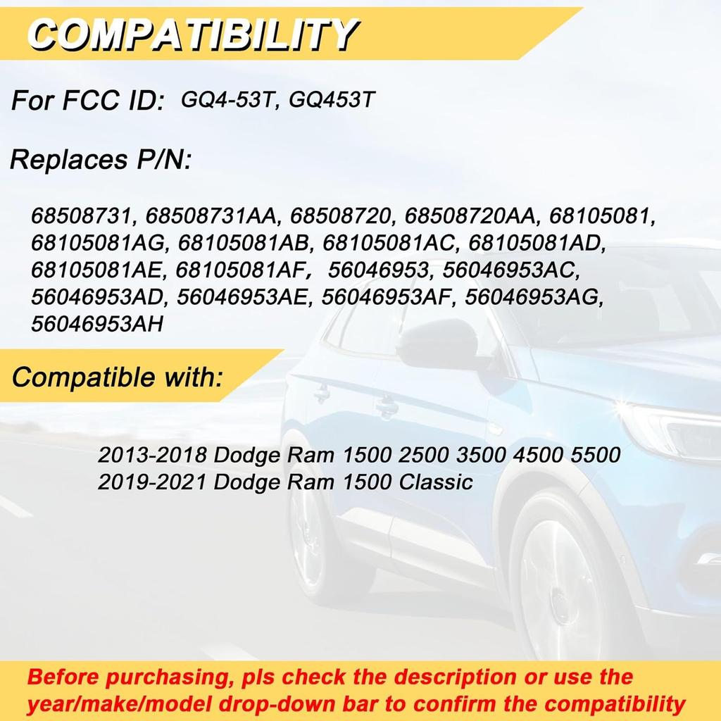 Замена брелока для 2013- Ram 1500 2500 3500 4500 5500/19-21 Ram 1500 Classic Автомобильный Пульт Дистанционного Управления Бесключевым Доступом, GQ4-53T, 3 Кнопки