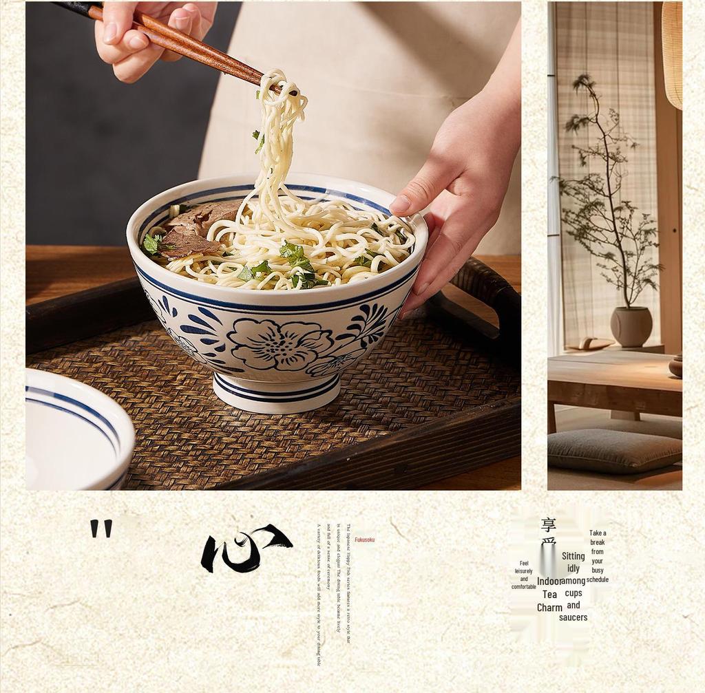 Retro Hand-Painted Blue & White Large Noodle Bowl - High-Footed Porcelain for Creative Dining