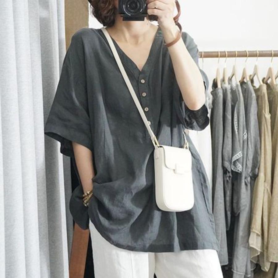 Buttons V Neck Summer T Shirt Retro Short Sleeve Women's Large Size Loose Cotton Linen Blouse Top