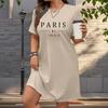 Fashion Womens Loose Paris Print O Neck Short Sleeve Leaves Print Loose Streetwear A-line Dress