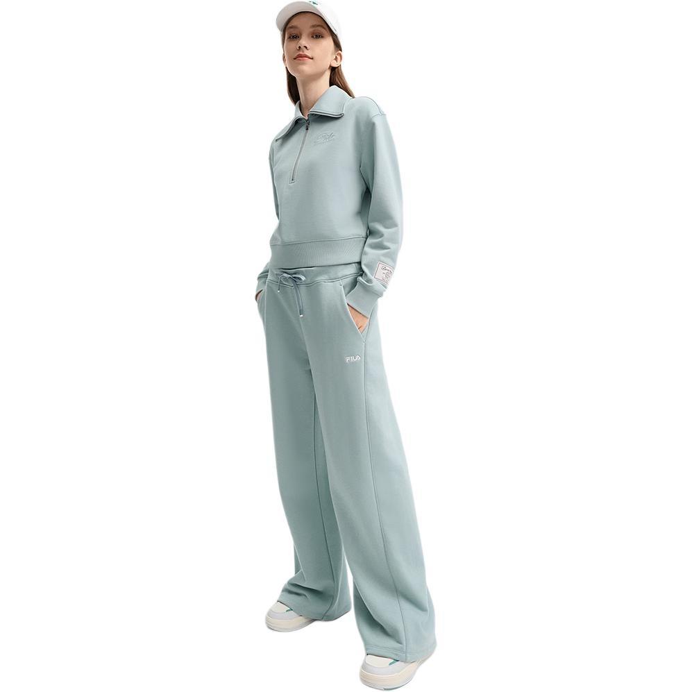 FILA ORIGINALE Casual Loose Fit Fleece Lined Antibacterial Wide Leg Knitted Sweatpants Women's Chaos Gray Green F51W449602F-GN