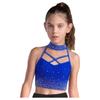 Girls Gymnastics Crop Top Halter Neck with Sparkling Rhinestones Cross Front Backless Dance Performance Costume