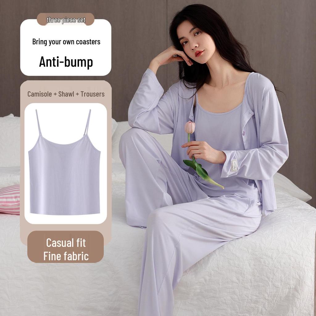 Women's Antibacterial U-Knit Pajama Set: Camisole, Long Sleeve Top, Long Pants - Spring & Autumn Casual Homewear 3-Piece