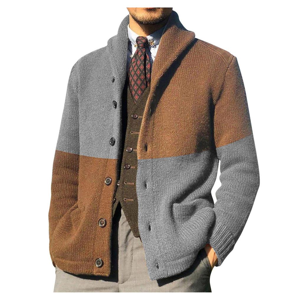 Кардиганы, свитера для мужчин, повседневная шаль с длинным рукавом, цветные блоки, трикотажные свитера на пуговицах