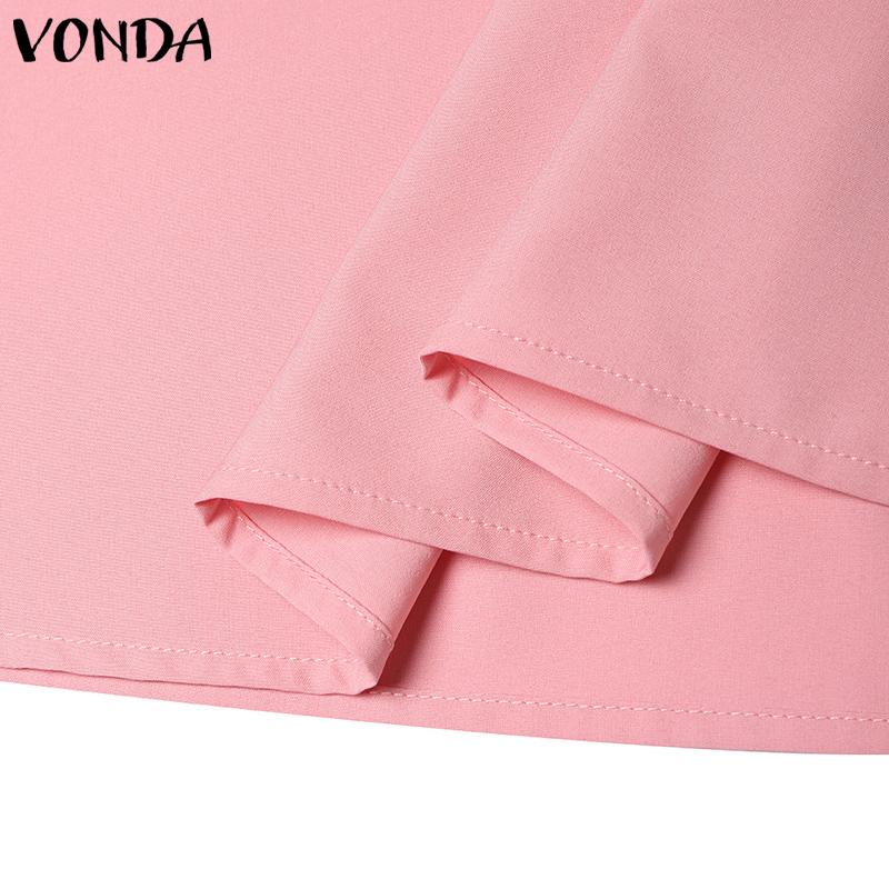 VONDA Женская летняя повседневная однотонная свободная блузка с круглым вырезом и жемчугом в виде листьев лотоса и короткими рукавами