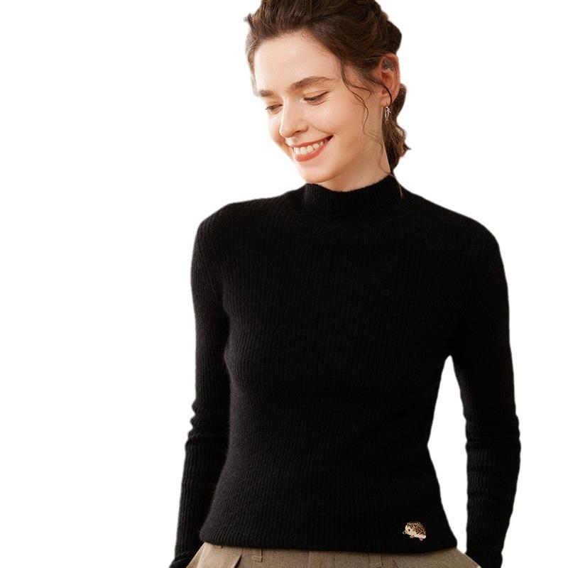 Women's 2024 Autumn/Winter Striped Embroidered Cashmere Knit Top - Long Sleeve, Half-High Neck, Soft Inner Layer